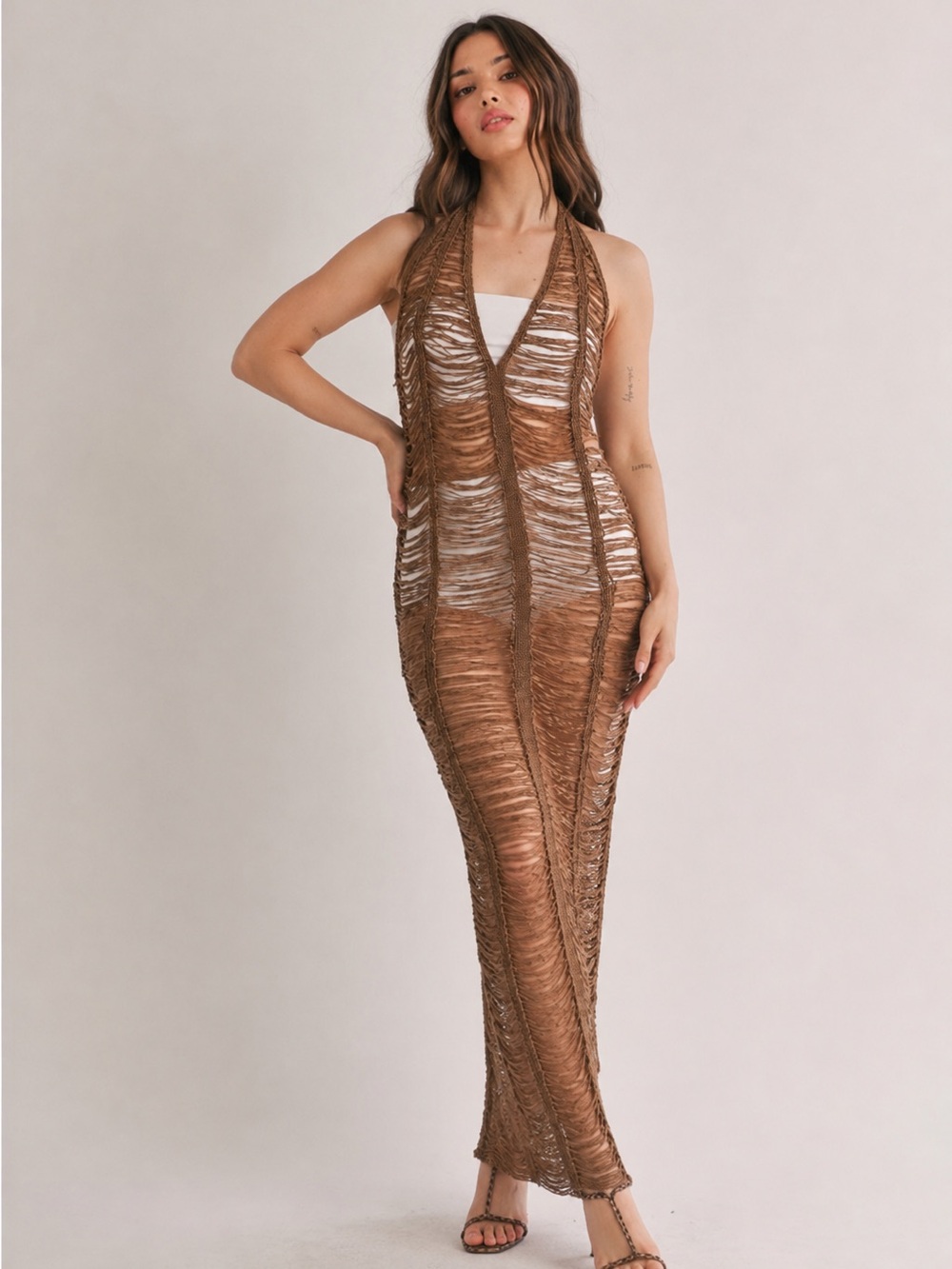 Brown sleeveless open back halter cover up maxi dress